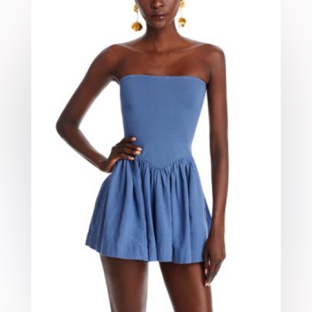 Free People Onda Drop Waist Mini Dress Strapless Boho Preppy Blue Sz L